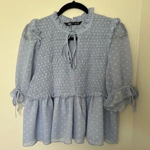 Zara Swiss Dot Smocked Ruffle Top